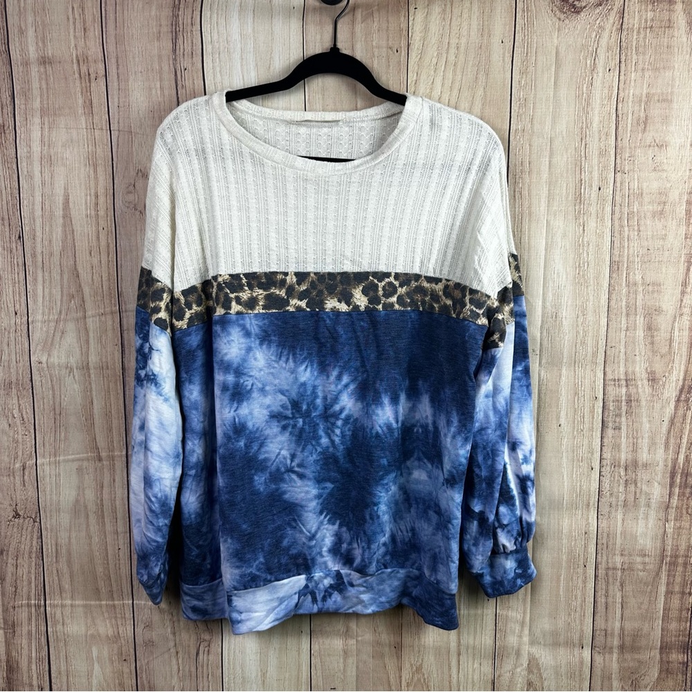 Vine & Love Blue Tie-Dye Sweatshirt with Leopard Detail